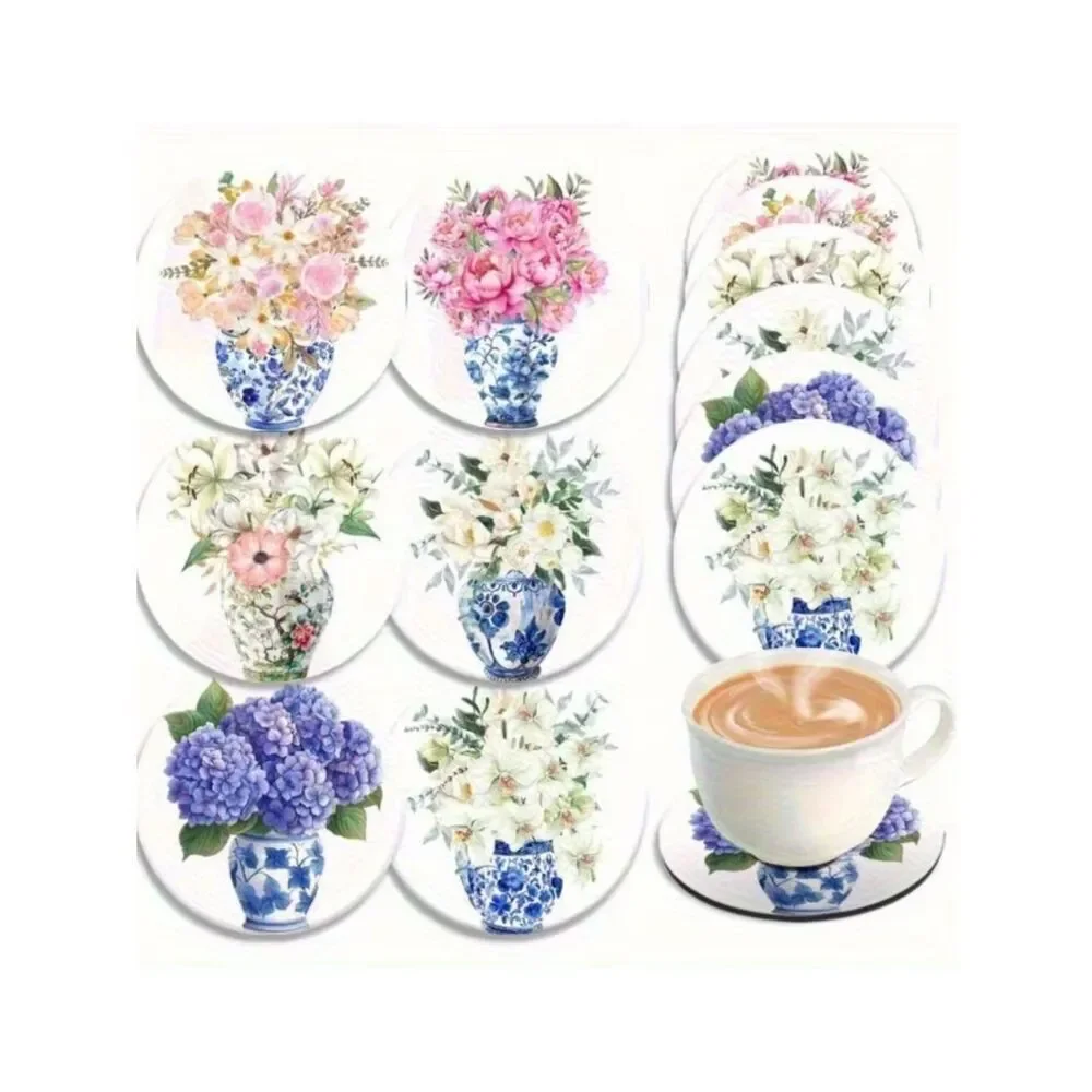 NWT 6pc Chinoiserie Blue White Floral Acrylic Coasters Non-Slip Cork Base